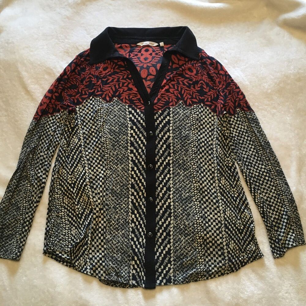 Soft Surroundings Womens Snap Button Front Shirt Blouse Red Black Collared Large